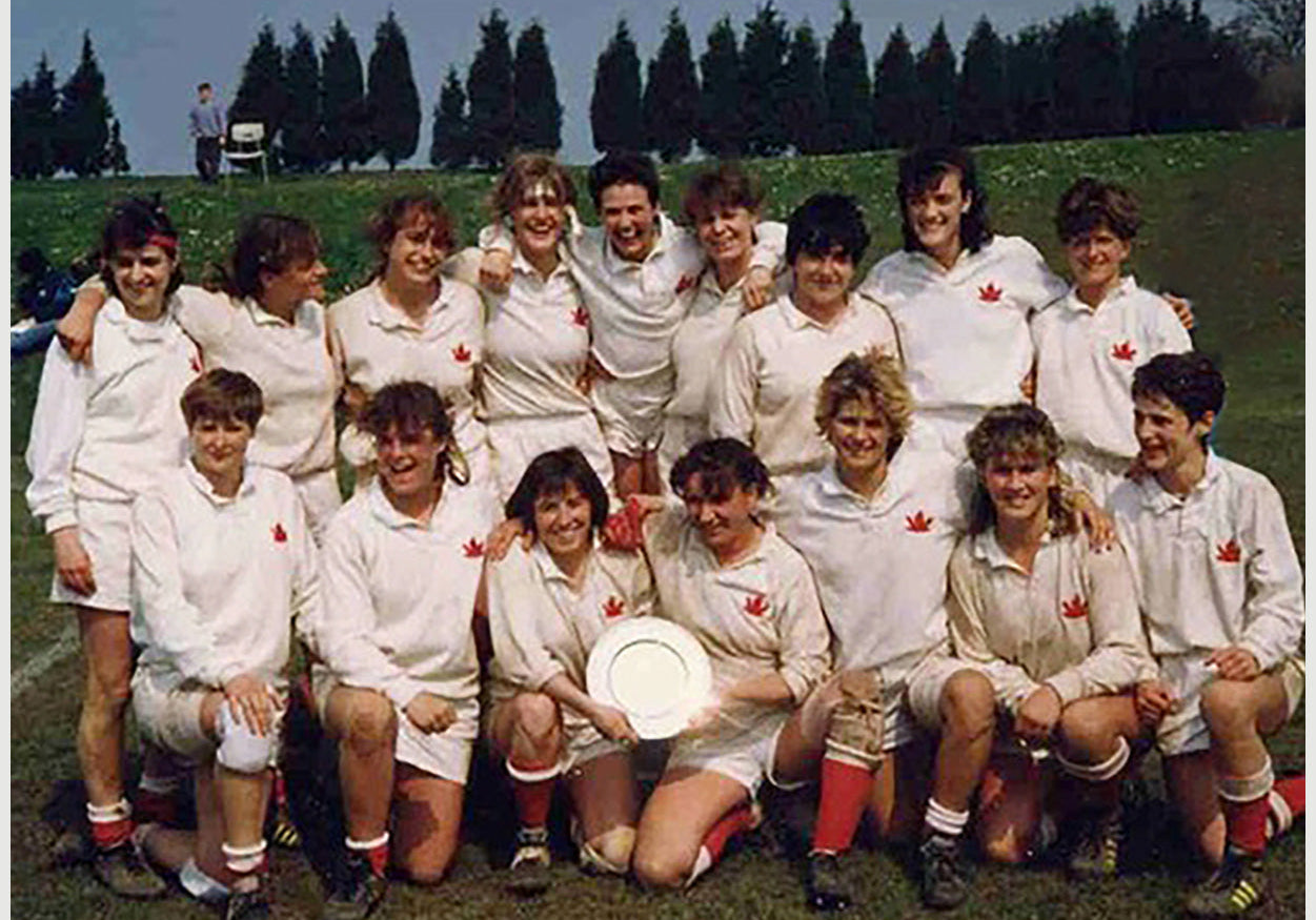 The 1991 Canadian women's rugby world cup team captained by Steph White.