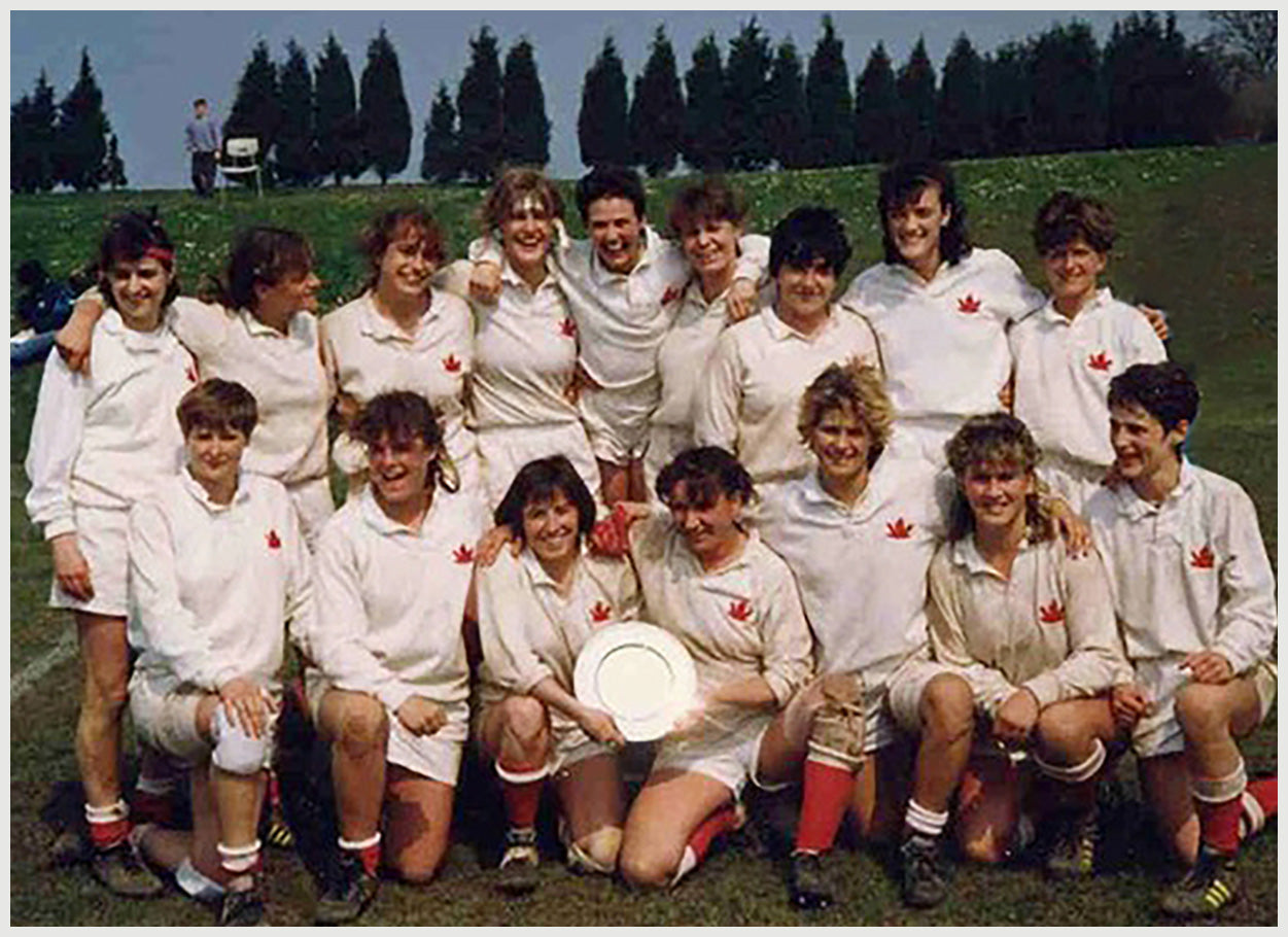 The 1991 Canadian women's rugby world cup team captained by Steph White.